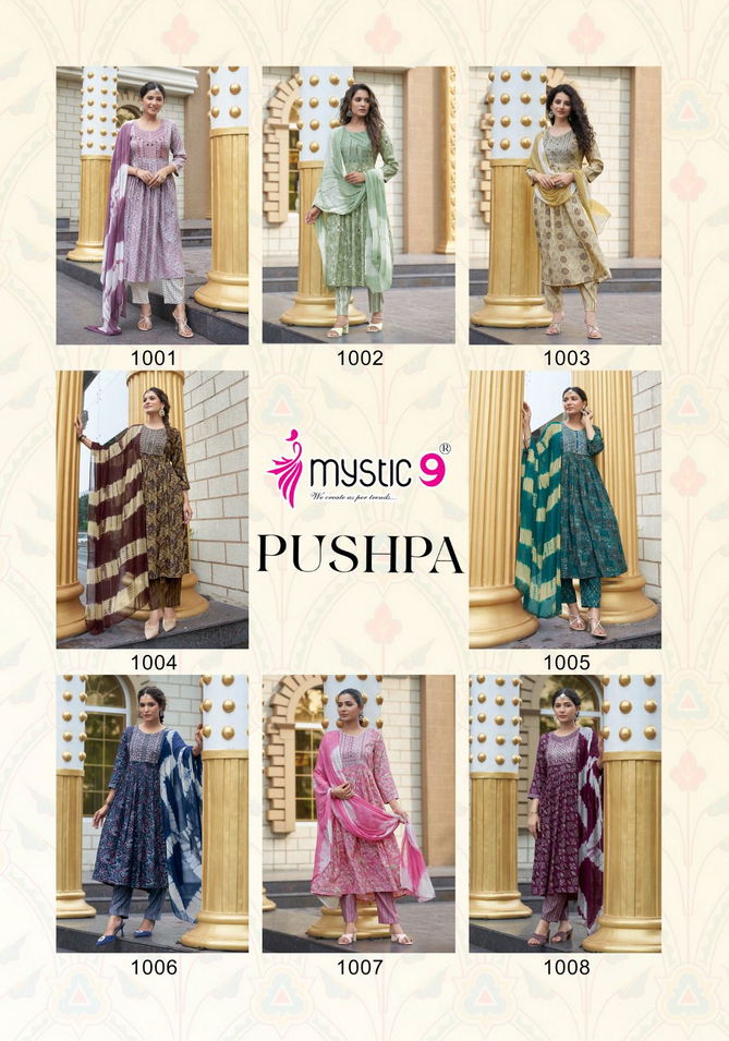 Pushpa Vol 1 By Mystic 9 Rayon Capsule Foil Printed Kurti With Bottom Dupatta Wholesale Shop In Surat